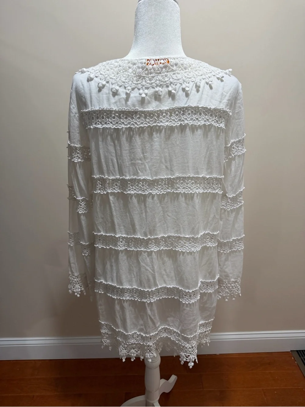 Tory Burch White Crochet Lace Long Sleeve V Neck Coverup Dress Sz. L